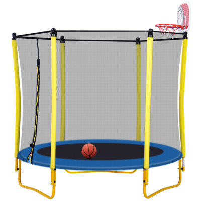 Trampoline 5,5 pi pour enfants - mini trampoline pour tout-petits d'intérieur et extérieur de 65 po avec enceinte, panier de basketball et ballon inclus