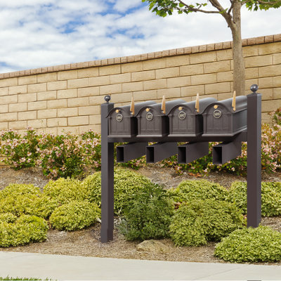Balmoral Quad Mount Mailbox /w/ Ball Finials, Personalized Door Medallion, Newspaper Box (4 Mailboxes, Posts, 4 Newspaper Boxes, 4 Medallions)
