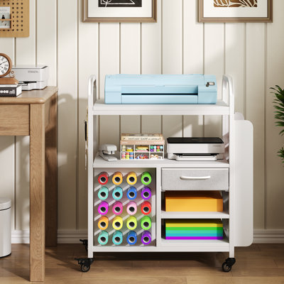 Chariot de bricolage avec roulettes compatible avec la machine Cricut, support d'organisation et de rangement avec 27 porte-rouleaux en vinyle et tiroir, chariot de rangement avec table pour accessoires Cricut Explore