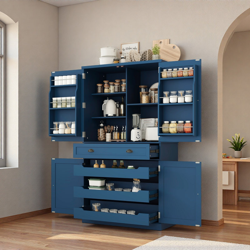 Garde-manger autoportant à 4 portes avec 6 tablettes de porte, un tiroir et 3 plateaux coulissants, Bleu
