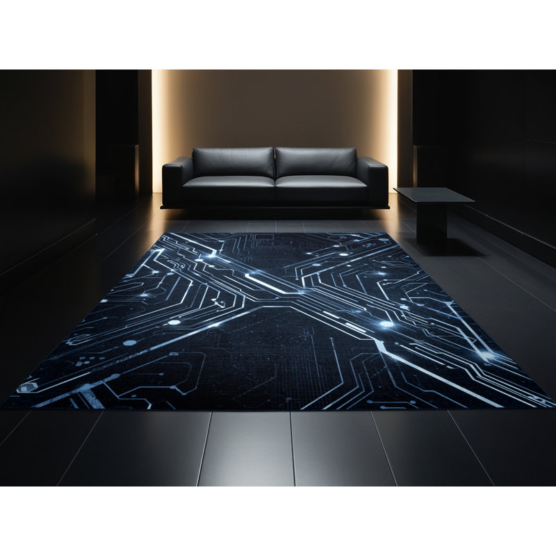 Machine Washable Ottoline Sleek & Chic Modern Geometric Shapes Rug in Gray – Navy Binding, 3' Round