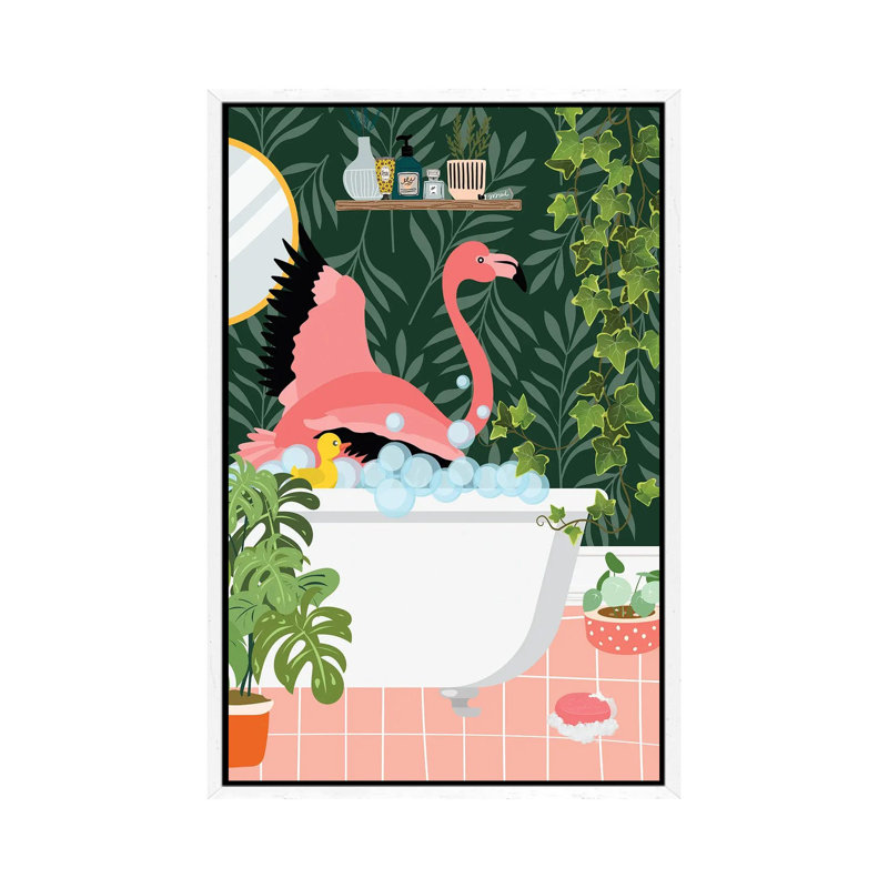Flamingo Taking A Bath In Botanical Bathroom by Jania Sharipzhanova - Floater Frame Gallery-Wrapped Canvas Giclée on Canvas