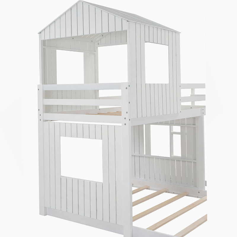 Lit superposé en bois avec couchette de jeu et garde-corps ancien Sku: LTAAK, Blanc
