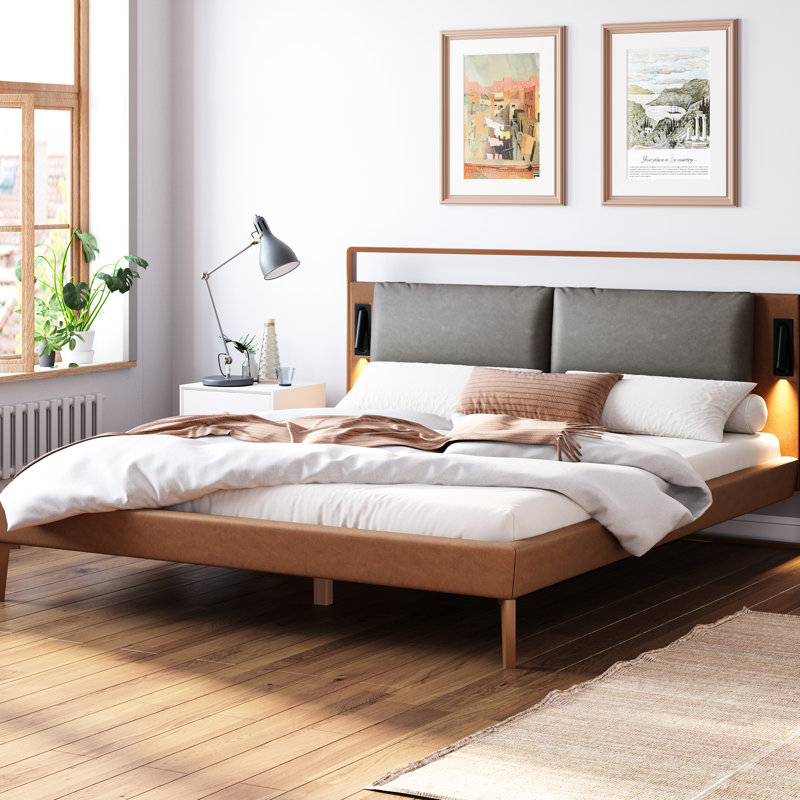 Full Size Brown & Gray Faux Leather Bed With 2Pcs Night Lights, High - Resilient Sponge Filled Headboard, Adjustable Led Slats For Even Weight Distribution, No Box Spring Required Support,