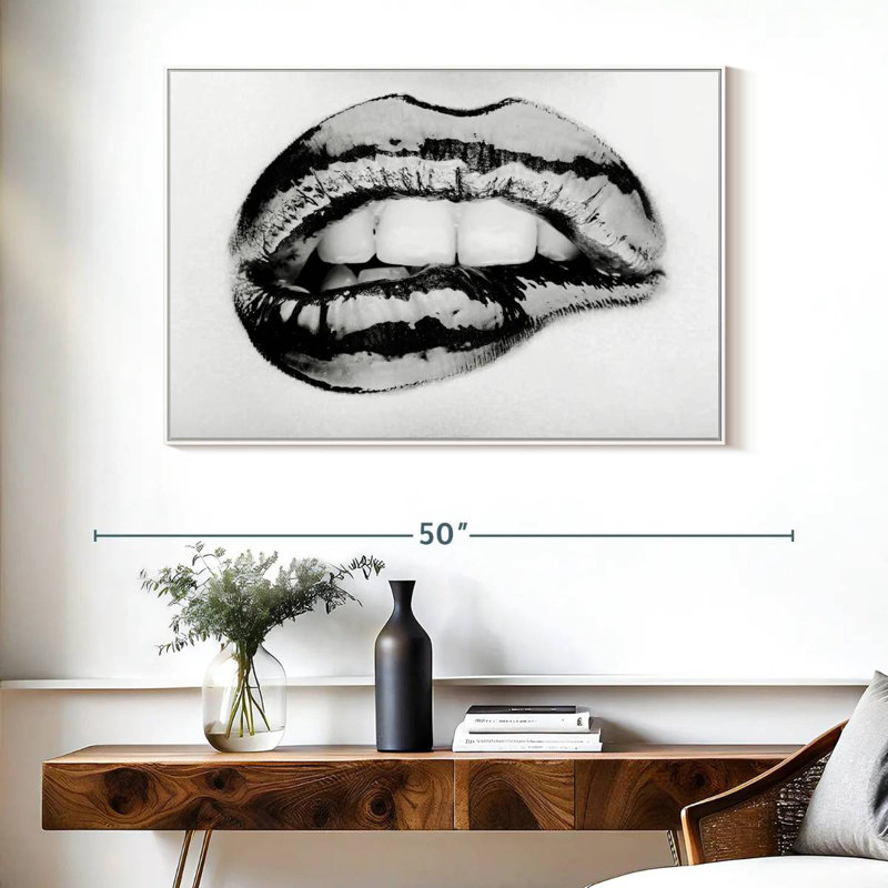 Lèvre mordante monochrome, Cadre flottant blanc, 40 po x 27 po