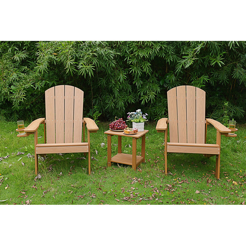 2-Piece Adirondack Chair, Outdoor Lounge Chair With Built-In Side Cup Holder, Teak