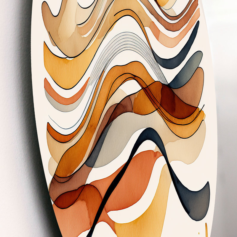 «Burnt Orange Waves Abstract VI - Abstract Spirals», art mural rond sur métal, L 16 po x H 16 po
