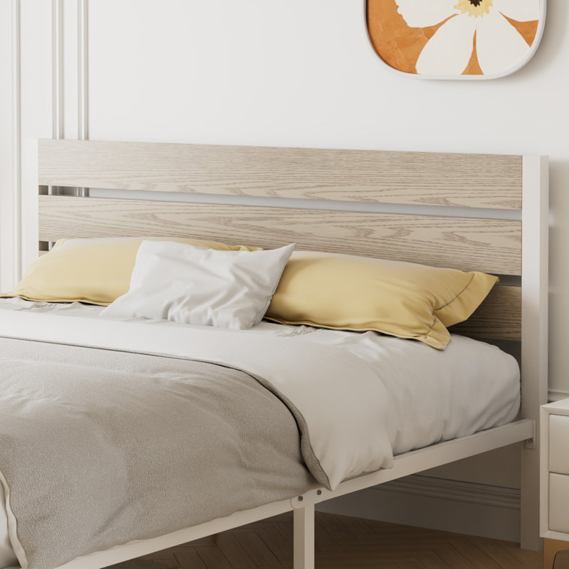 Alicia Queen Metal Bed Frame with Wooden Headboard & Footboard, Rustic Industrial Farmhouse Platform Bed with Heavy Duty Steel Support, No Box Spring Required, Under Bed Storage, Noise-Free Mattress Foundation, Natural