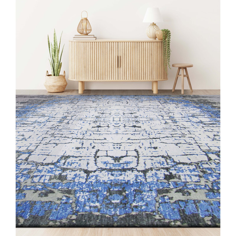 Tapis noir et argent de haute qualité noué à la main, Rectangle 9 pi x 12 pi