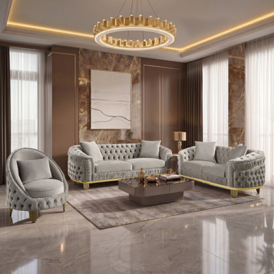 Portofino Luxe Velvet 3-Piece Living Room Set with Gold Base