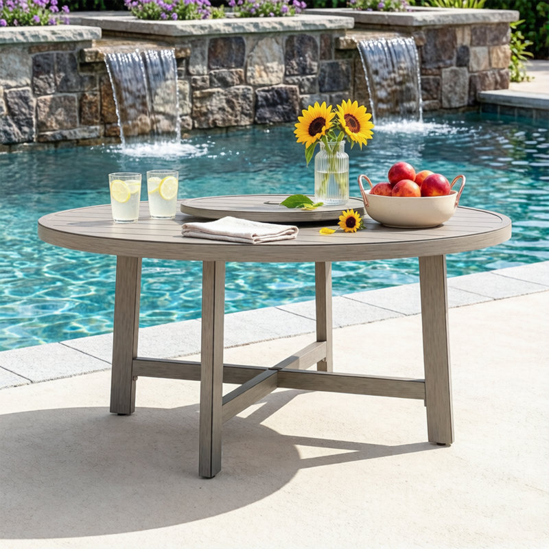 Patio 61.45" Round Dining Table With Lazy Suan And Umbrella Hole, Gray