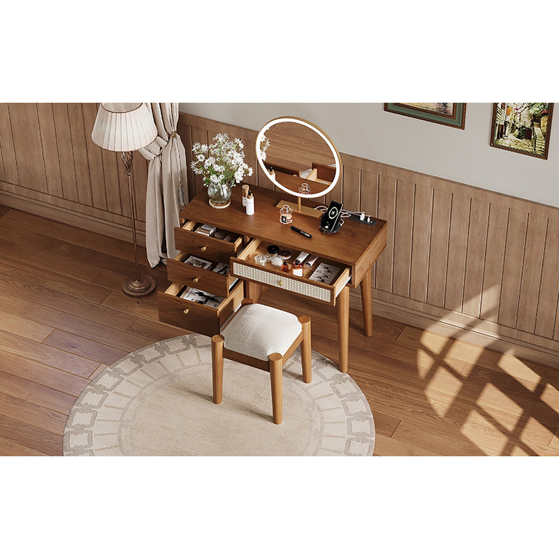 Ensemble coiffeuse 39 "en bois de style bohémien rétro avec prise de charge, port USB et tabouret, coiffeuse avec tiroir