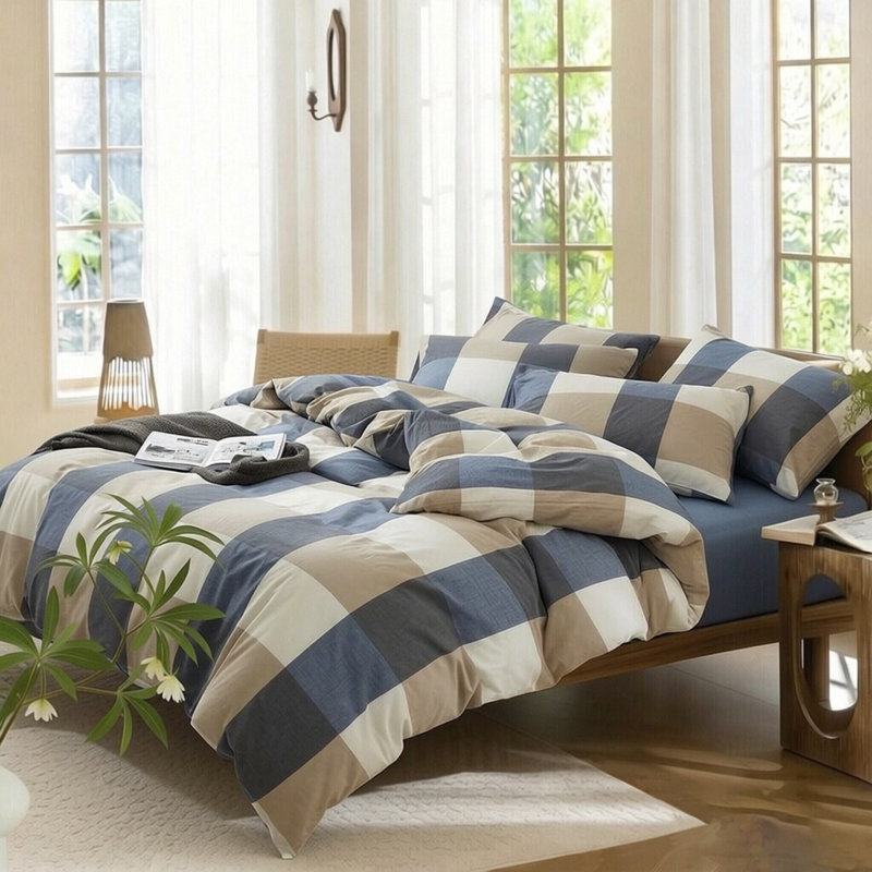 Ensemble de housse de couette en vichy XINMIANFANG, 100% coton délavé, lin texturé, literie écossaise bleu clair, fermeture à glissière, 2 taies décoratives