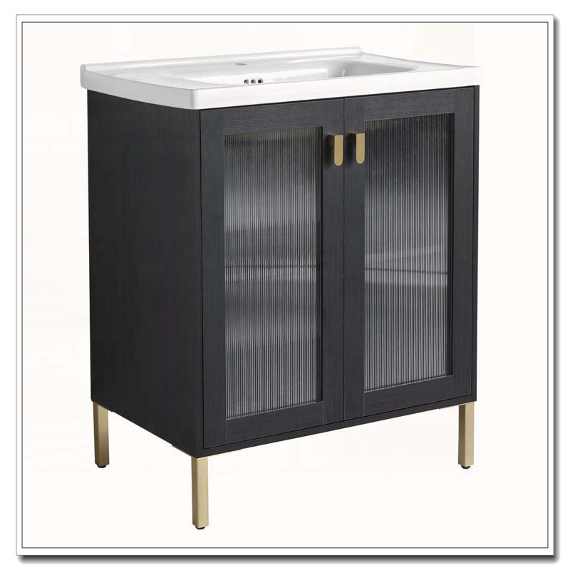 Meuble-lavabo autoportant de 28 po avec lavabo en céramique - châtaignier noir