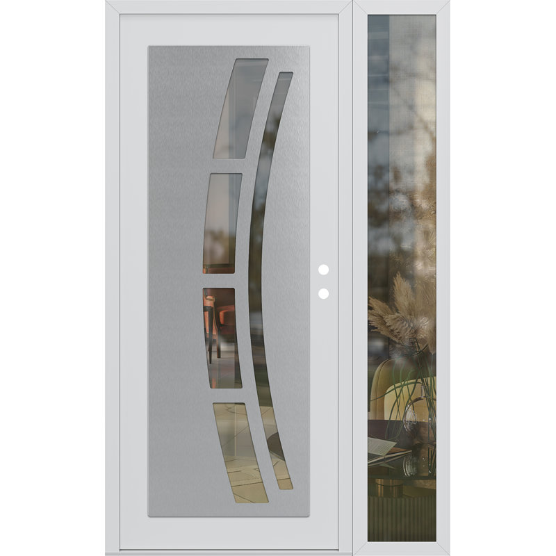 C12 gauche 52 po X 80 po Panneau en acier argenté et verre transparent blanc et blanc avec porte d'entrée avant en verre transparent Sidelite