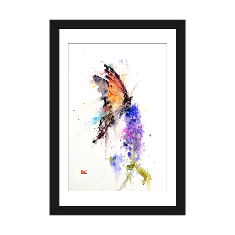 «Butterfly II», peinture sur toile tendue, H 18 po x l 12 po x P 1,5 po, Papier d'art encadré noir, Pas de tapis