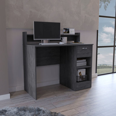 Bureau d'ordinateur avec tablette supérieure ouverte, 1 tiroir et 2 tablettes de rangement, chêne fumé