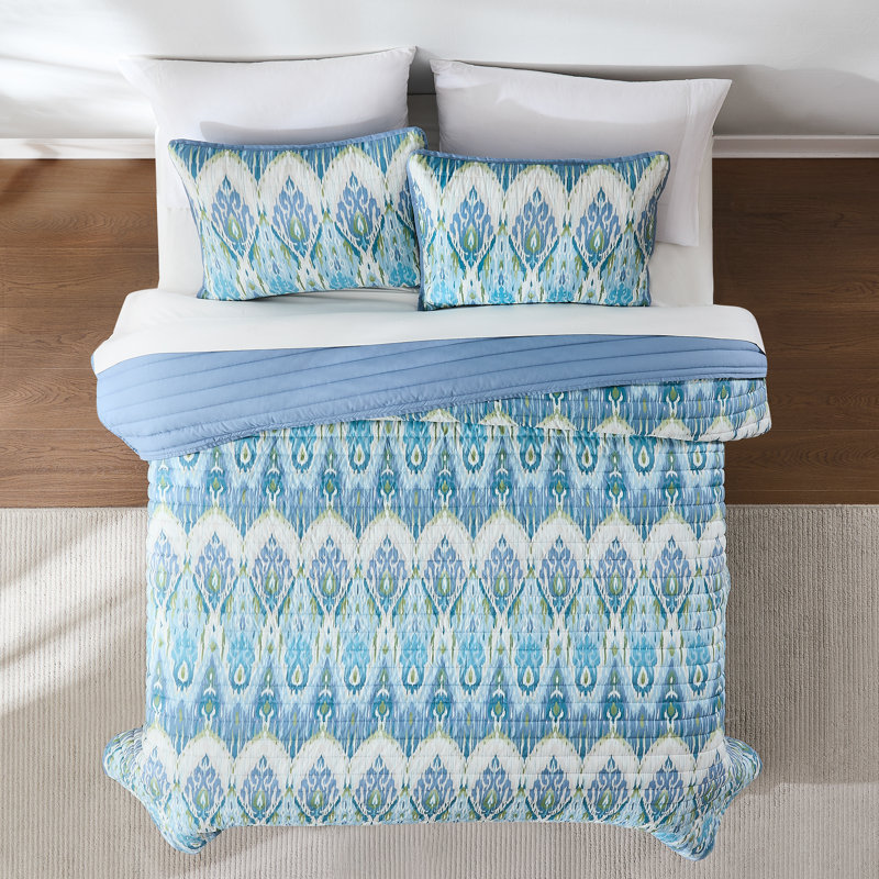 Ikat Drops Quilt Teal 3Pc Set, King Quilt + 2 Shams