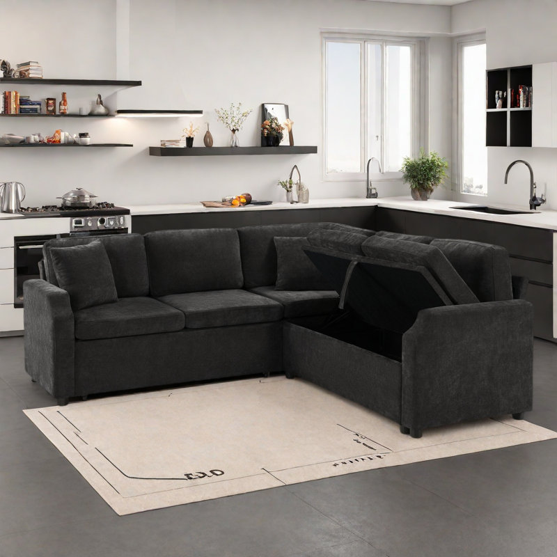 L-shaped Sectional Sofa With Hidden Storage Compartment, Black Chenille