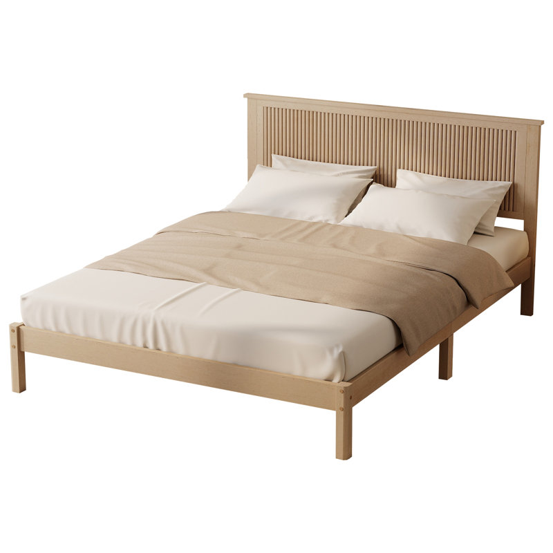 Lit en bois d'hévéa massif avec tête de lit ondulée Waveline, Natural