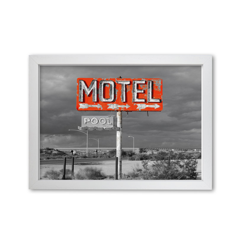 Red Motel Sign - Print, White Grain Frame, 85 cm H x 60 cm W x 5 cm D