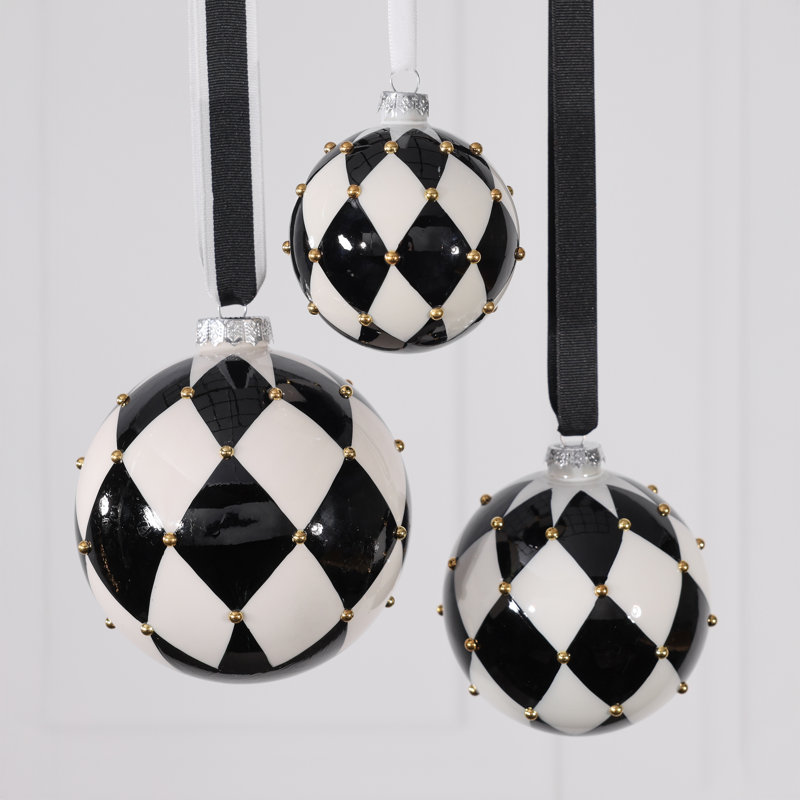 Boules de Noël en verre à motif arlequin noir et blanc, ensemble de 6, 3.25"