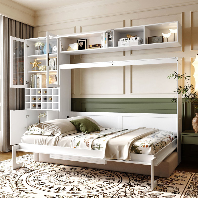 Lit mural blanc de taille double avec lit, tablettes et - Facile à ranger, peu encombrant pour les petits espaces d'appartements, le rangement