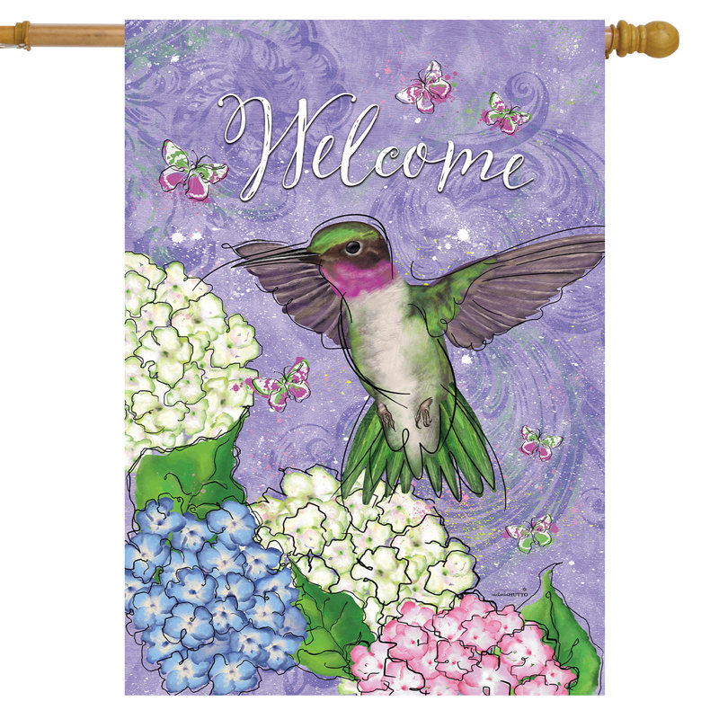 Drapeau de maison colibri et hortensia, Oiseaux violets/verts/blancs