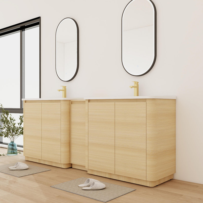 Meuble-lavabo double autoportant de 84 po avec plateau en céramique, armoire de rangement et tablettes 84 po, Beige, 84"