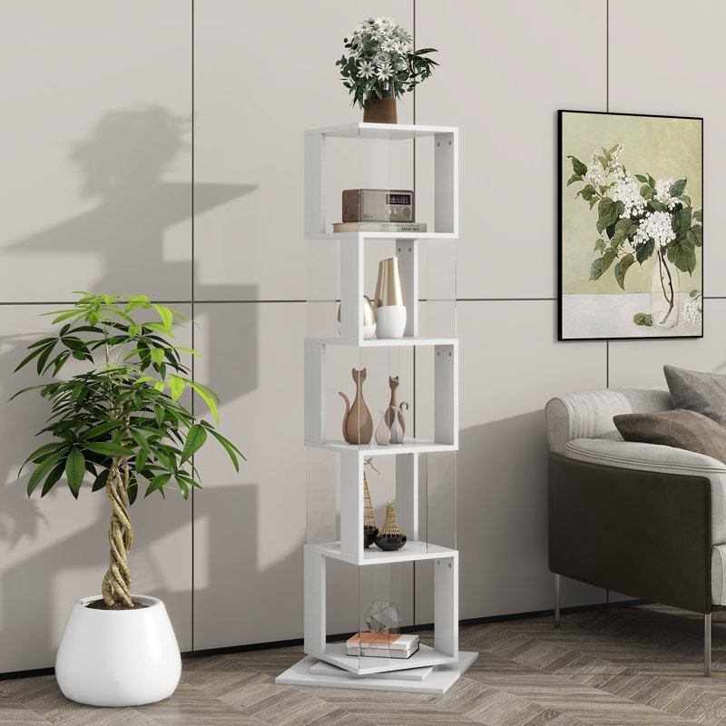 Bibliothèque rotative à 5 niveaux, bibliothèque simple avec plaque en acrylique, Blanc