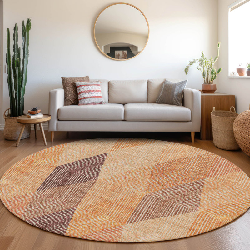 Premium Machine Washable Prisco Orange Rug, Round 8'