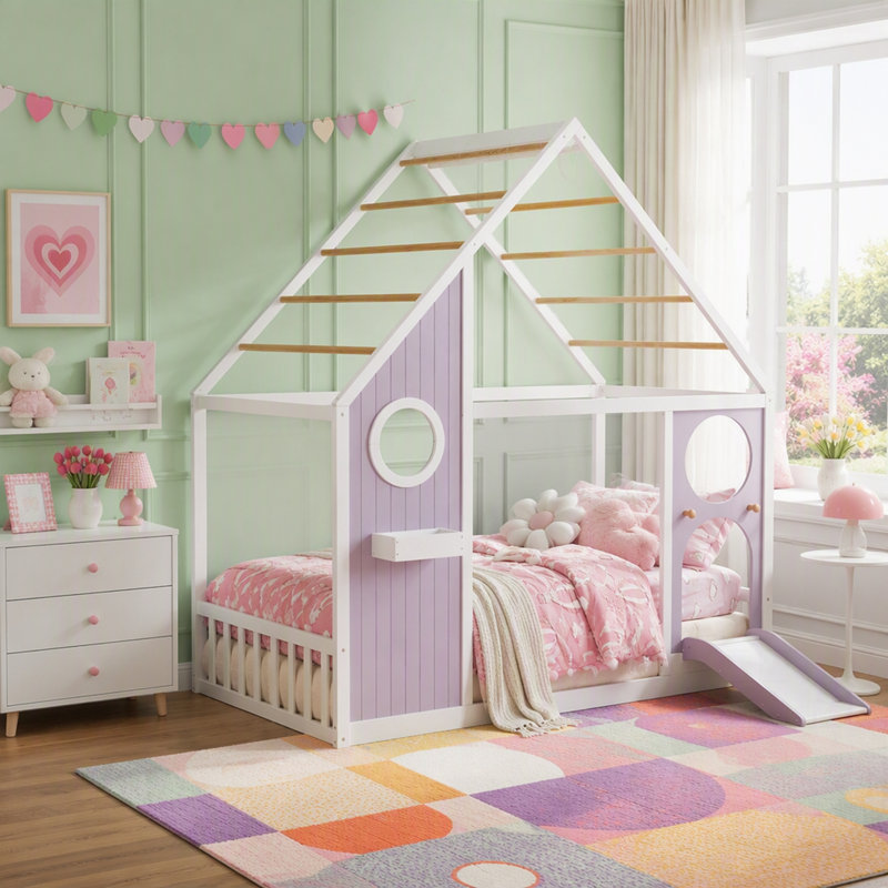 Lit de maison avec glissoire et boule lumineuse, maisonnette en bois pour des chambres amusantes et élégantes, Purple