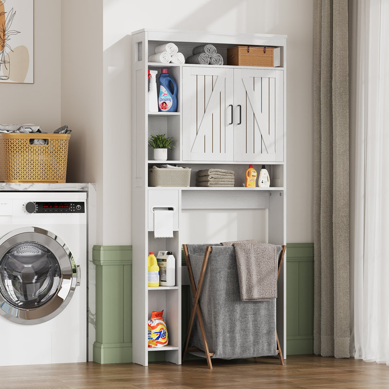 Over The Toilet Storage Cabinet With 2 Barn Door, 6 Shelves & Toilet Paper Holder Stand, White