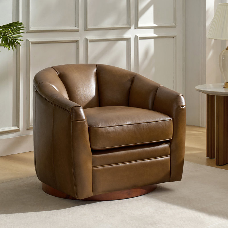 Guarracino 29.25" Top-Grain Leather Swivel Chair With Solid Wood Base, Camel