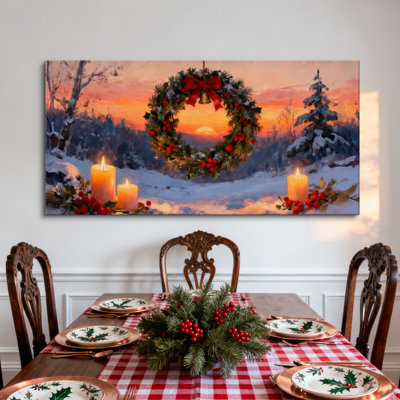 Leshanda Sunset Wreath and Candles in Snow - Wrapped Canvas Photograph