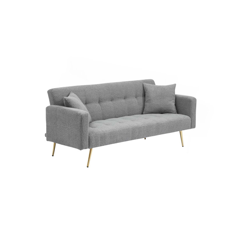 Quiniya 71.26" Modern Velvet Sofa Bed Folding Couch with Two Throw Pillows for Living Room, Gray Teddy