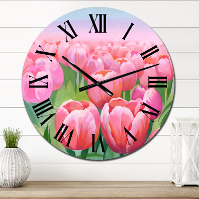 Champ de tulipes roses dans le champ - Horloge murale traditionnelle
