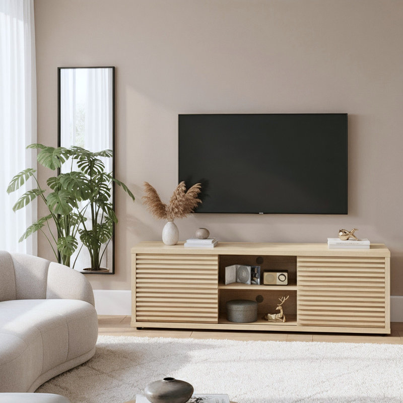 Abba 67.7" W Mid Century Modern TV Stand with Storage and Shelves to fit up to 75" TVs, Oak