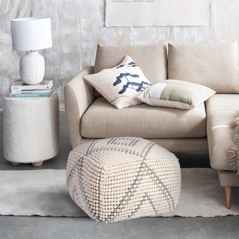 Dakota New Zealand Wool Square Pouf, Natural/Mint Wool