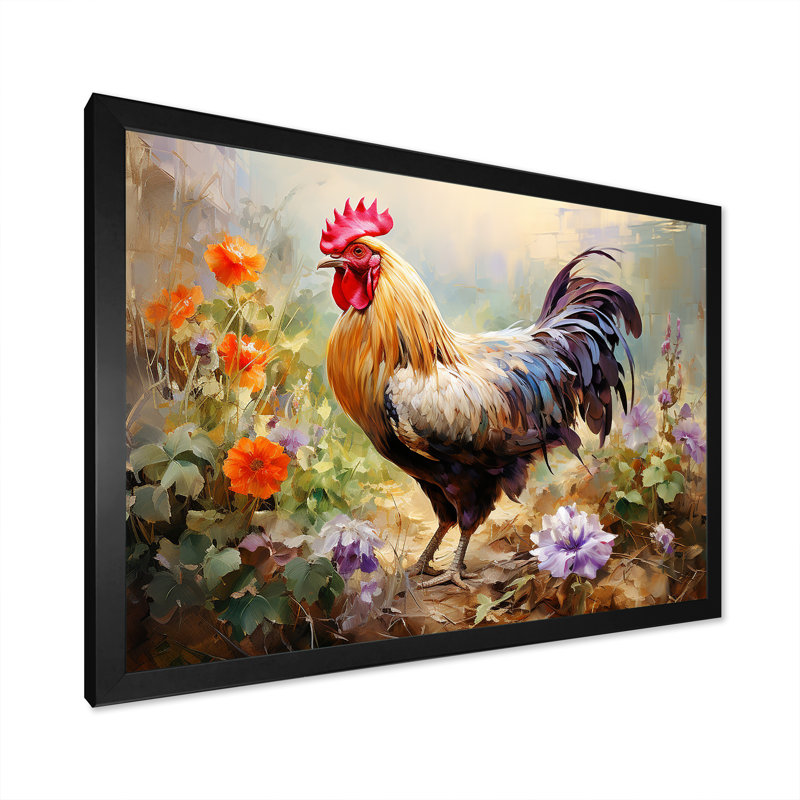 Red Melody Rooster s floral jardins - Coq, art mural, H 16 po x l 32 po x P 1 po, Cadre d'angle fermé noir