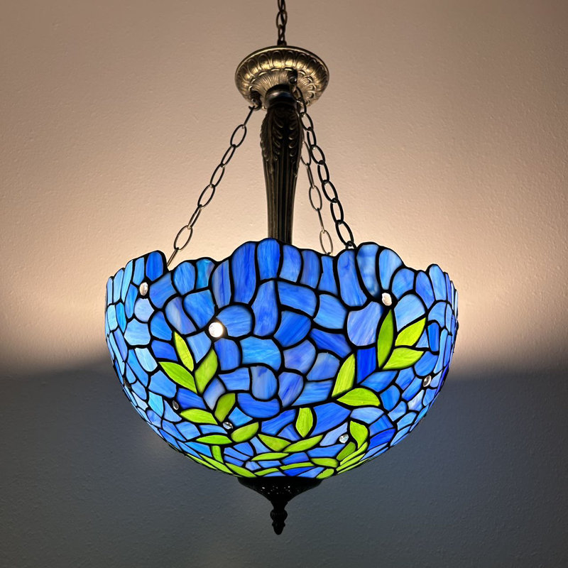 Olcay Tiffany Pendant Lights Stained Glass Green Leaves LED Bulbs Included 16" W*16"D*60" H, Blue/Green