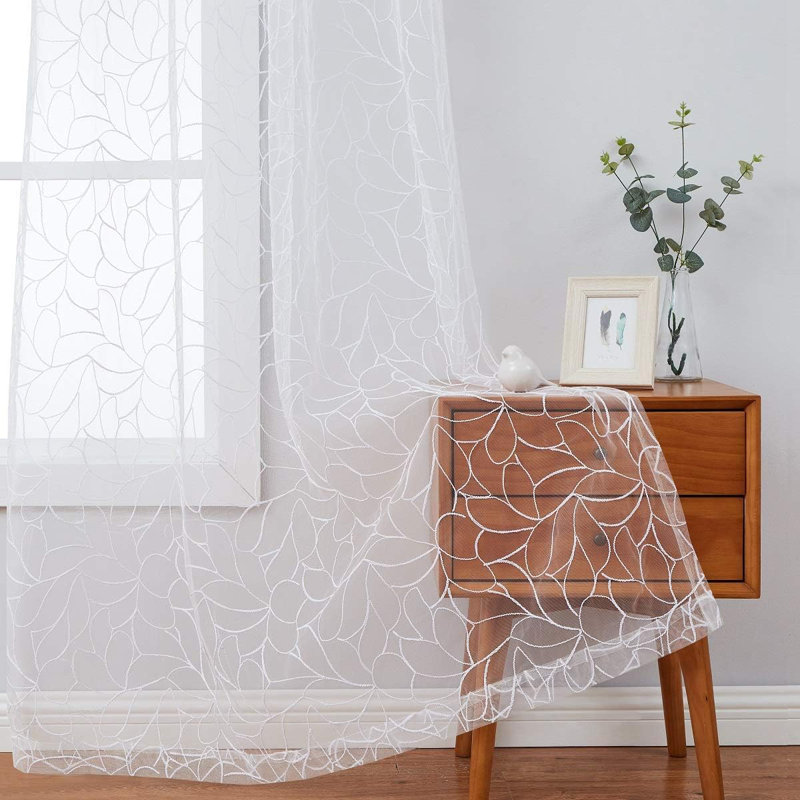 Chic Boho Sheer Embroidered Curtains With Beautiful Embroidery, White, 54" W x 63" L