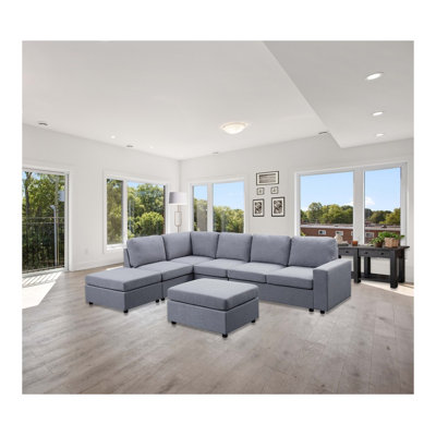 Marley 120" Light Gray Linen 7-Seat Reversible Modular Sectional Sofa with Ottoman