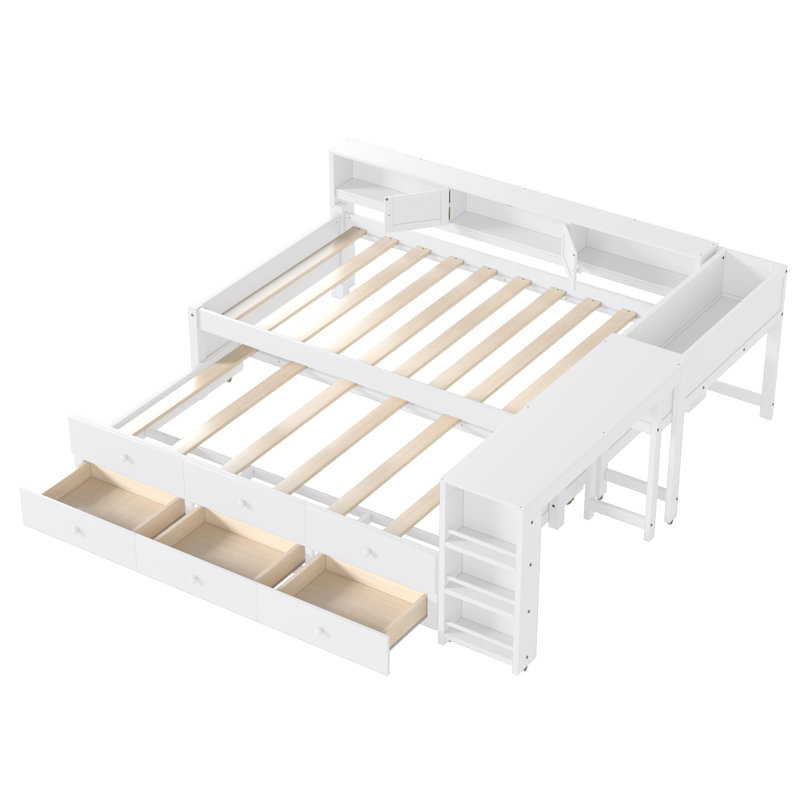 Wood Daybed Frame with Trundle, Storage Drawers, Side Shelves & Desk, Practical Home Bed, Lit simple, Blanc