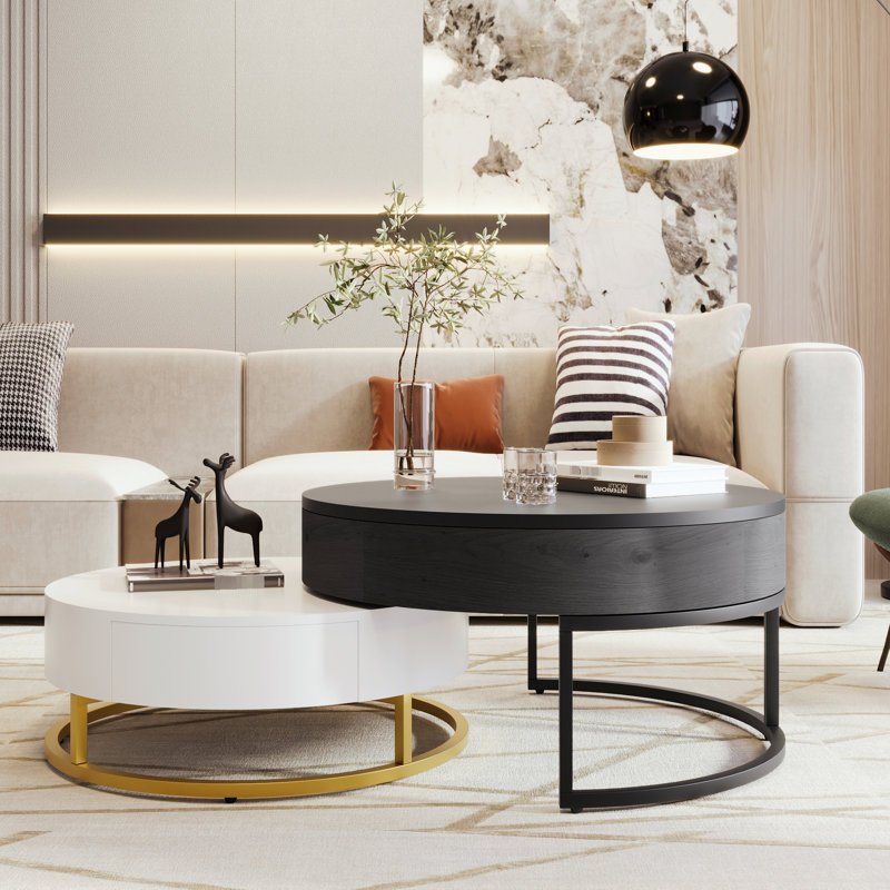 Tables basses modernes avec 2 tiroirs, plateau relevable et gigogne, blanc et noir Intrigue Modernité, Blanc/Noir
