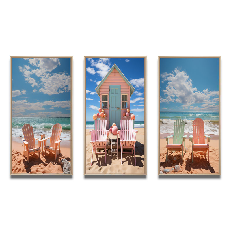 «Beach Chairs Dream», 3 pièces sur toile, Encadrement brun, H 28 po x l 36 po