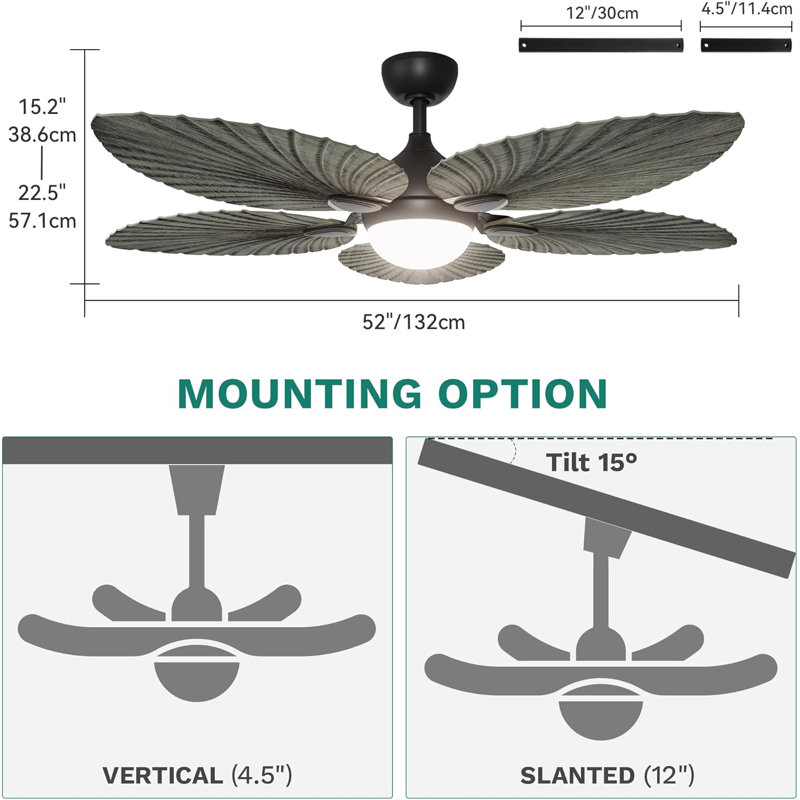 52 inch Ceiling Fans with Lights, Tropical Ceiling Fans with Lights and Remote, Tri-Colour LED, Reversible 6-Speed w/Quiet DC Motor Timing