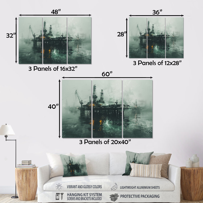 Ensemble de décorations murales gris et vert Winter Drilling Dynamics Oil Rig II, H 32 po x l 48 po x P 1 po