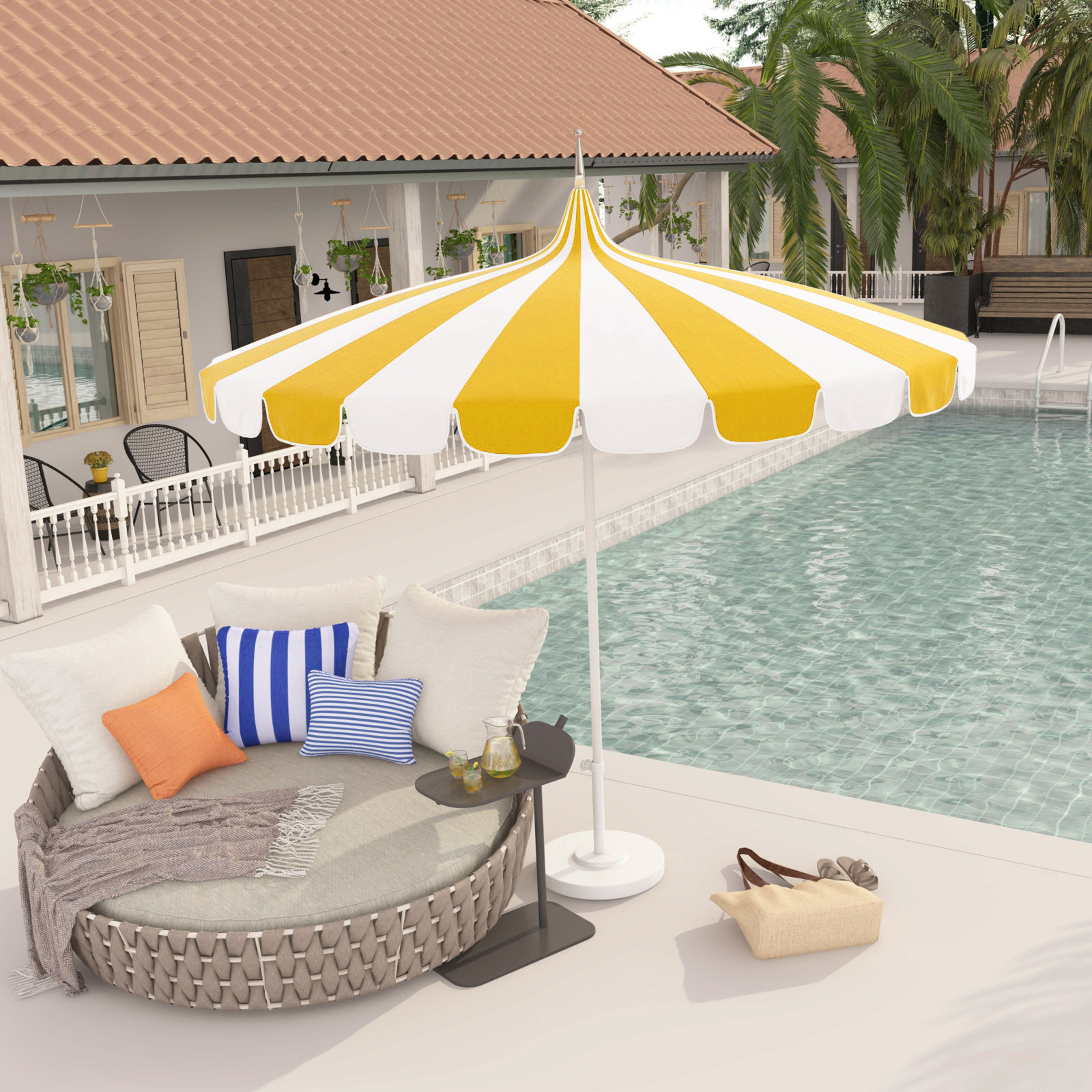 8.5' Sunbrella® Two-Tone Pagoda Umbrella, Canvas Sunflower Yellow Sunbrella® Canvas