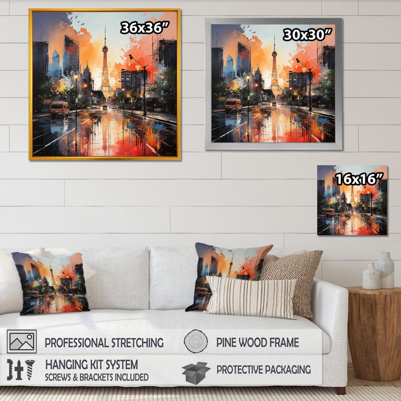 Houston City Sunset Dream I - Houston, art mural, Cadre flottant doré, H 16 po x l 16 po x P 1 po
